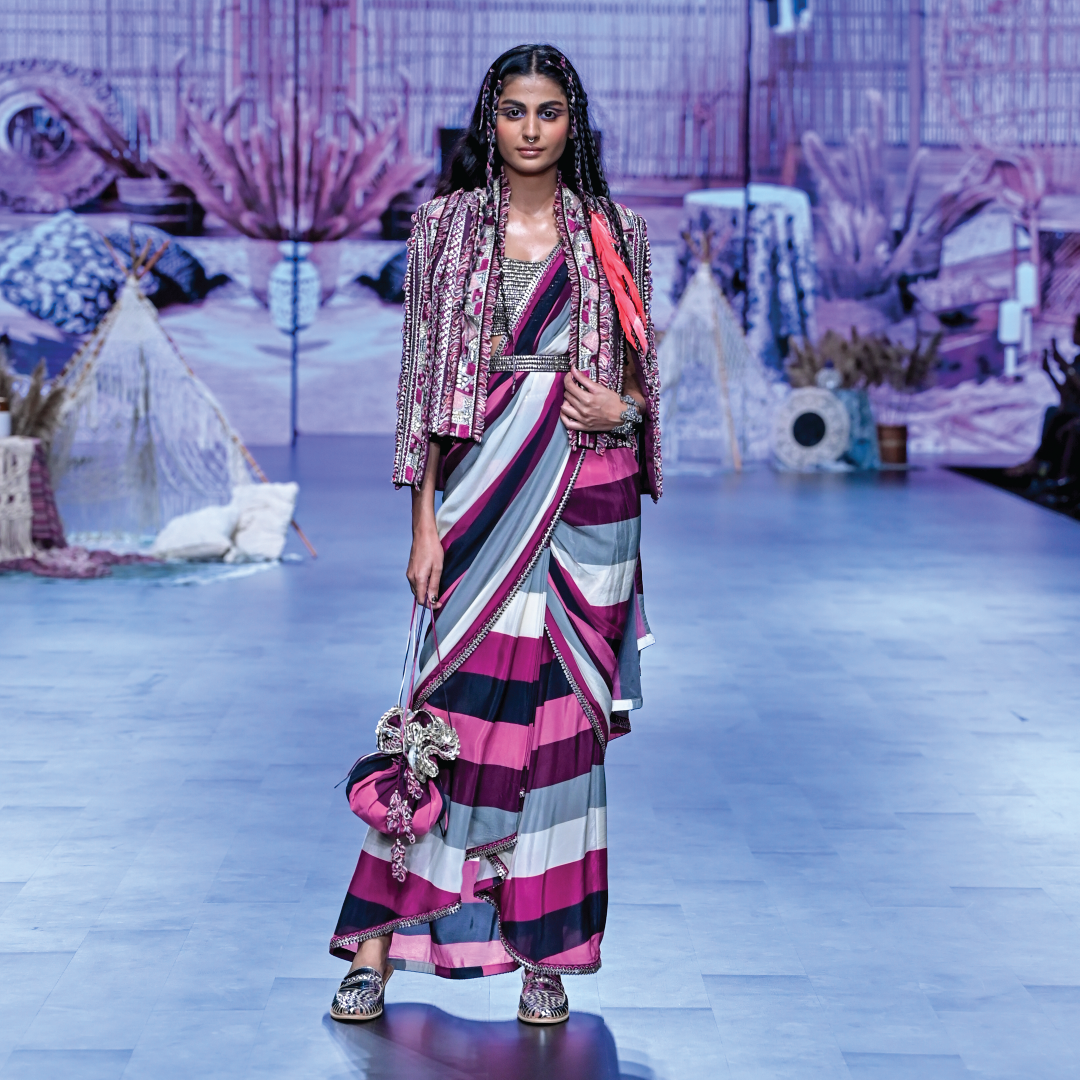 MERLOT STRIPE CASCADE SAREE WITH ABSTRACT NOOR JACKET