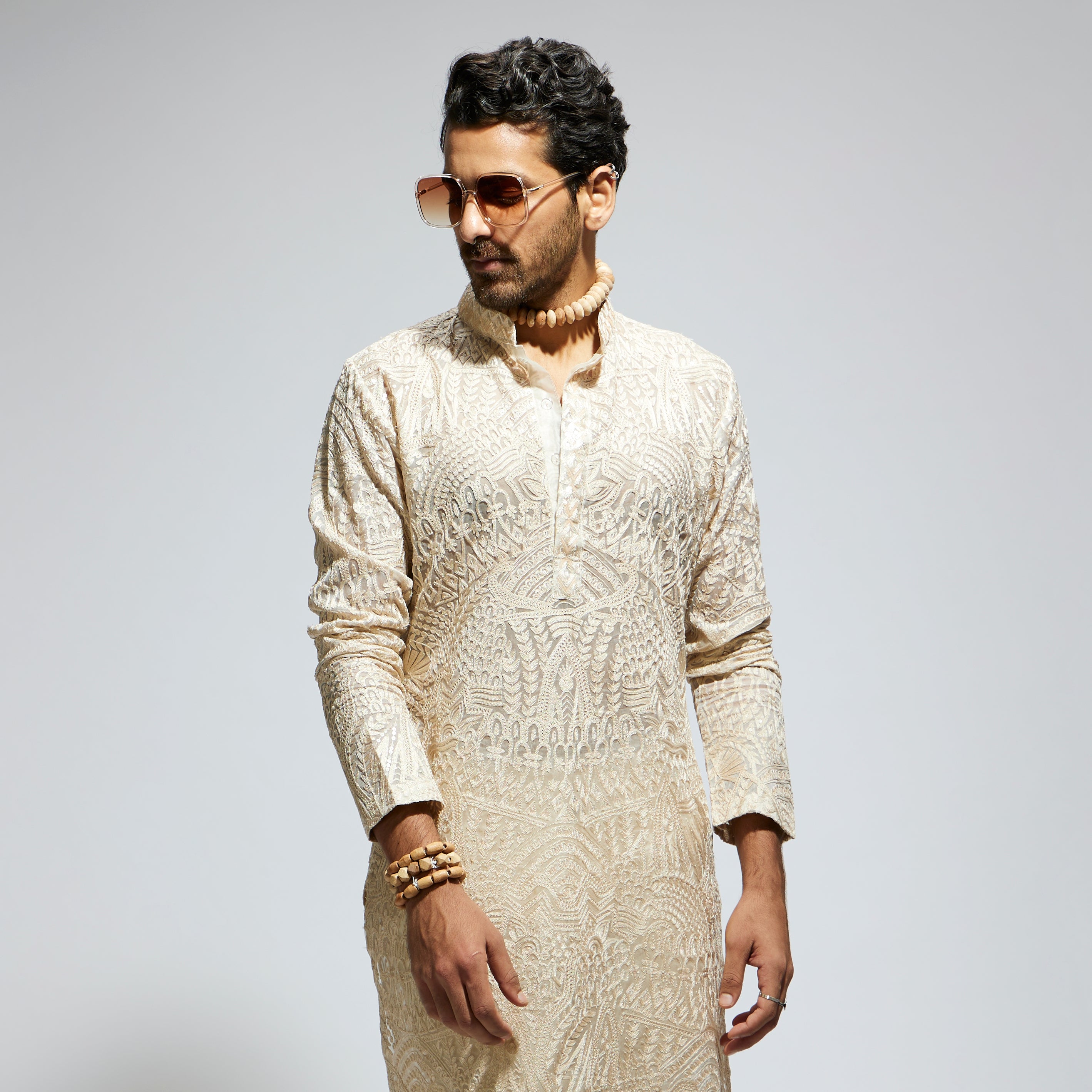 BEIGE ORGANZA EMBROIDERED KURTA WITH PANTS