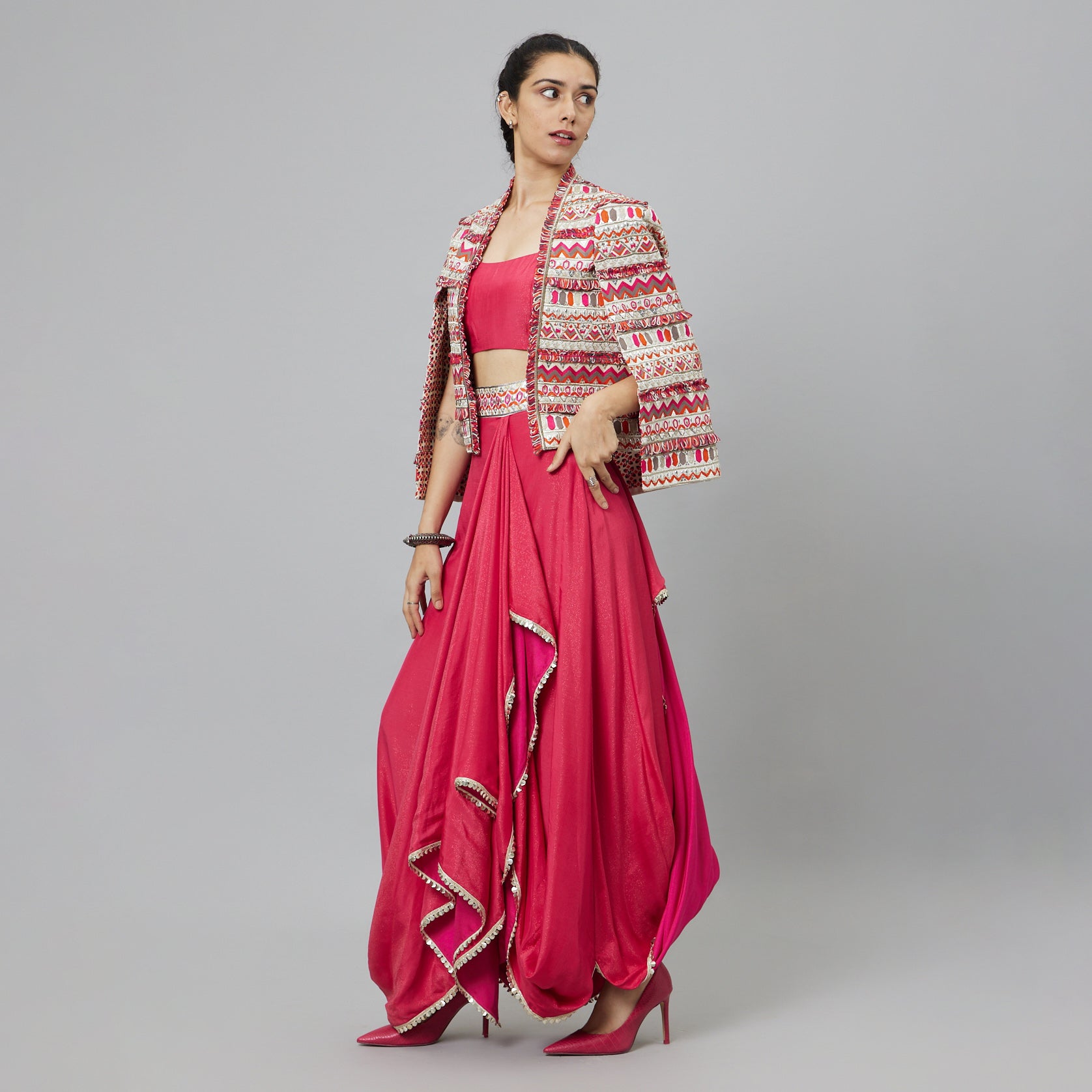PINK DRAPED SKIRT SET
