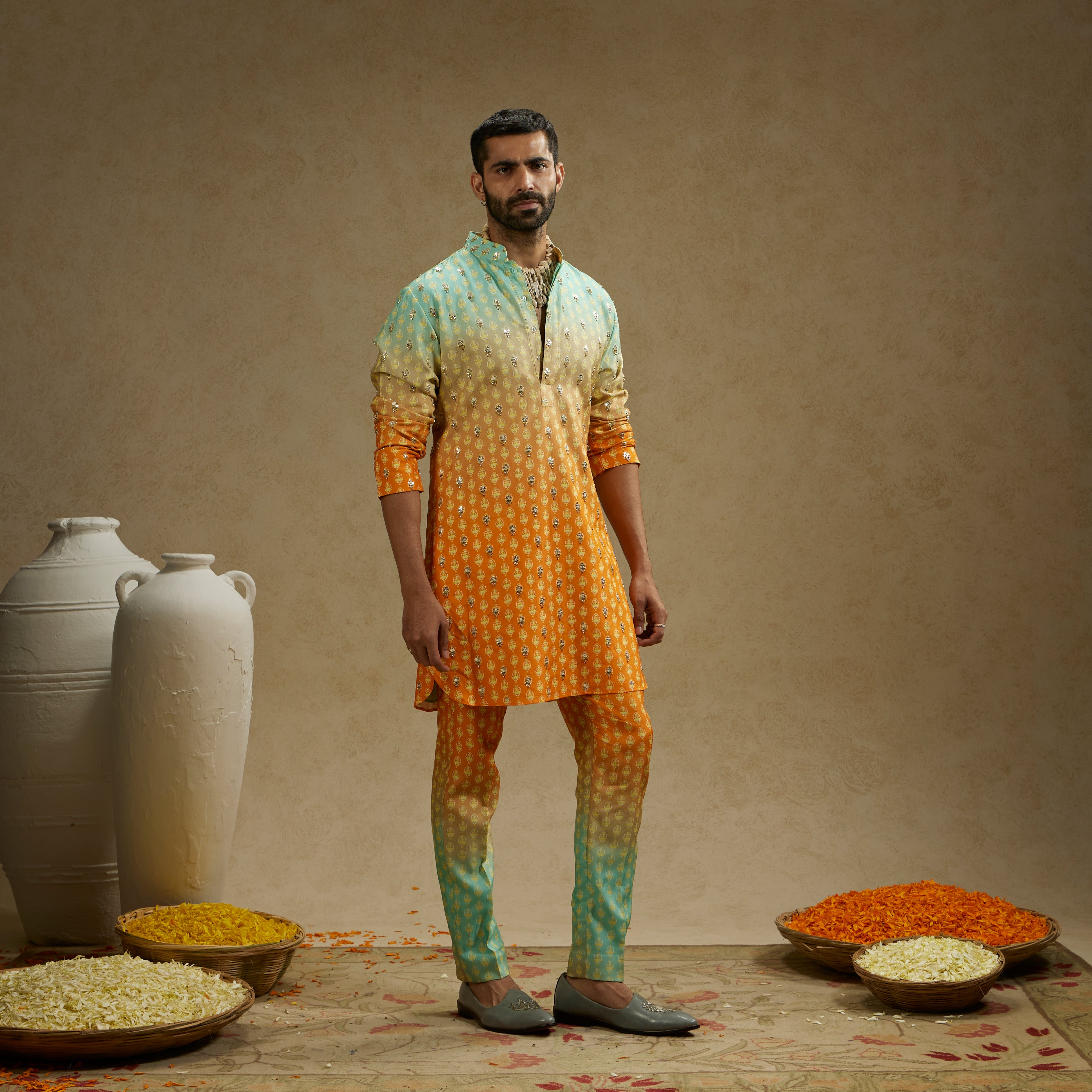 Blue Orange Kurta Set