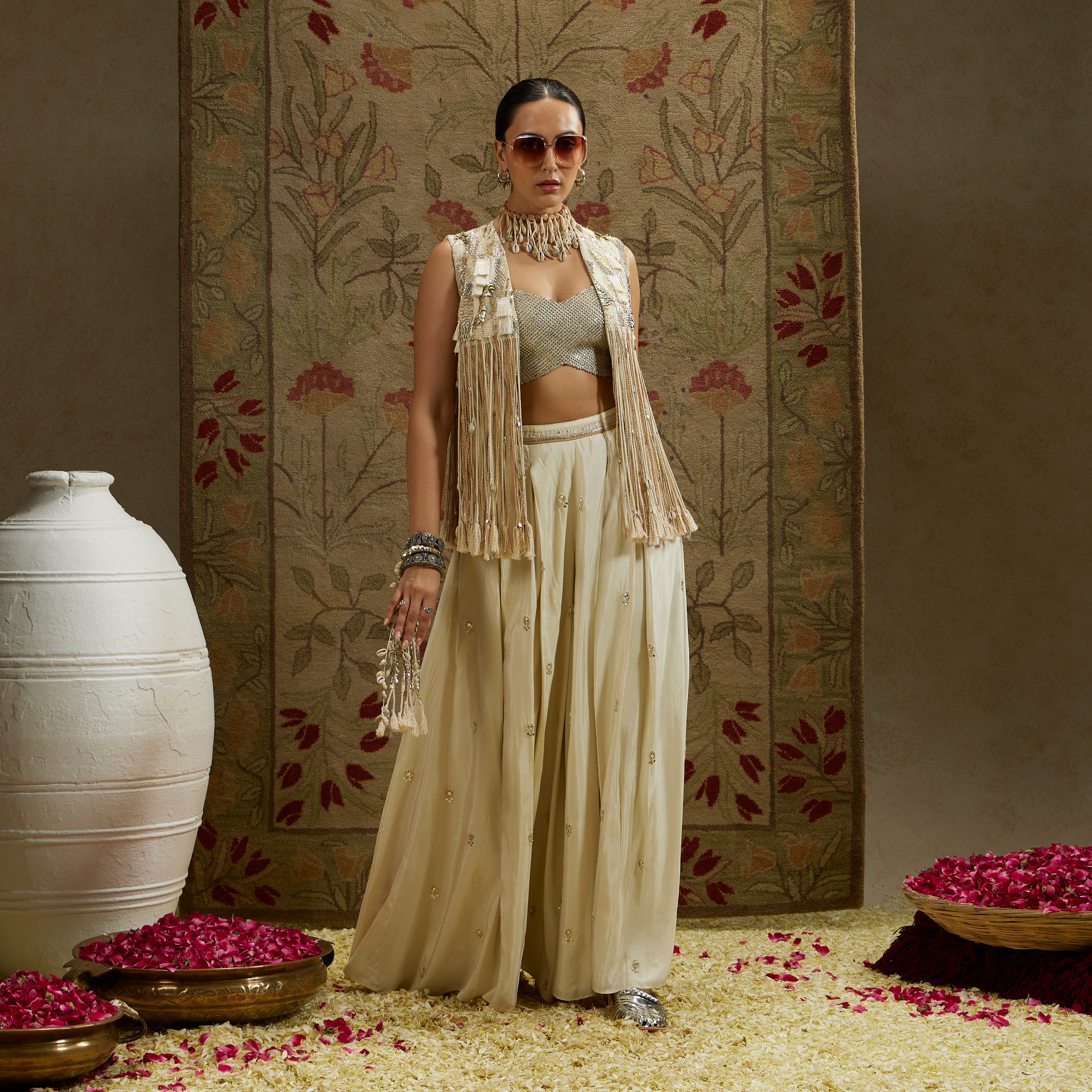 Cream Flared Pants Sets