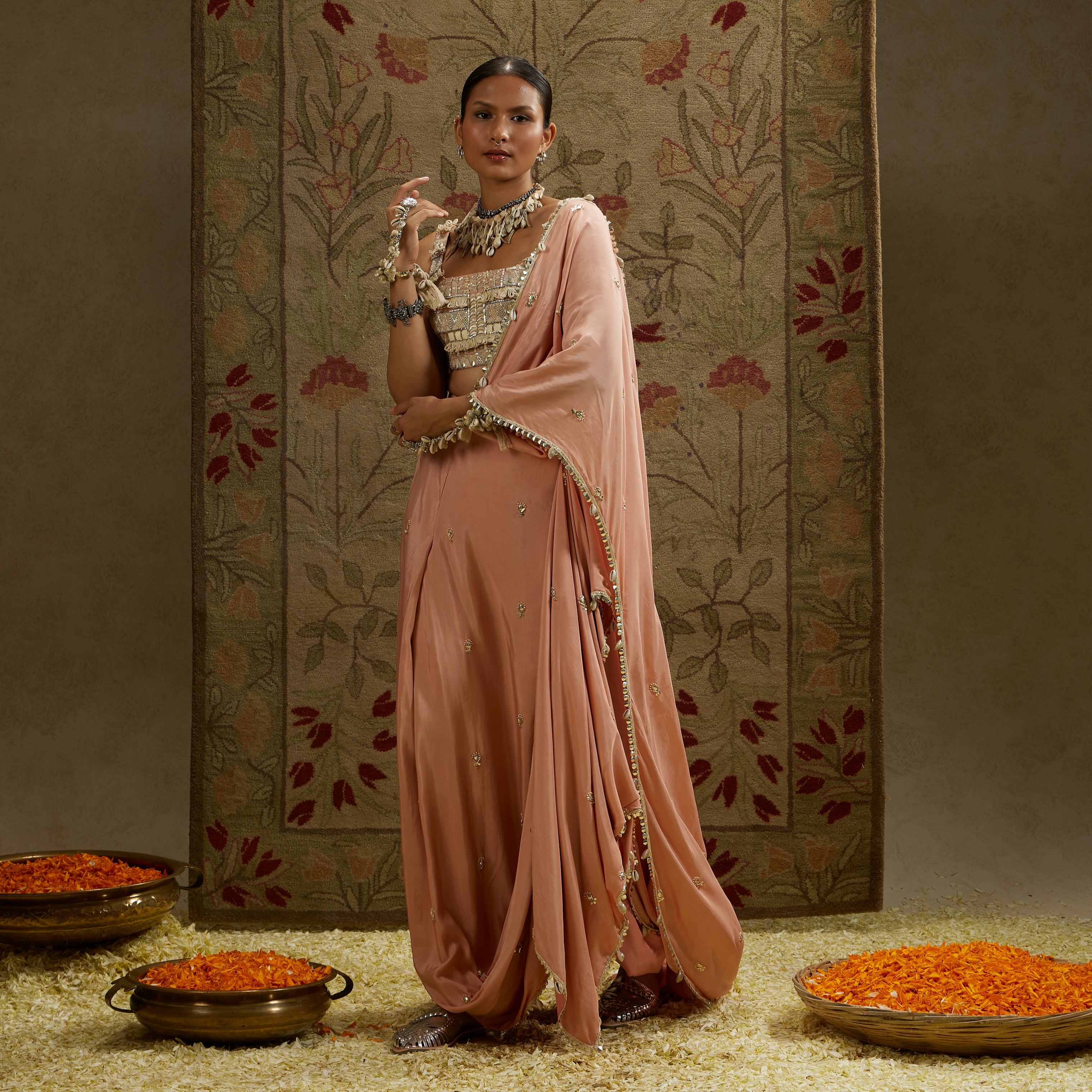 Pink Draped Saree Set