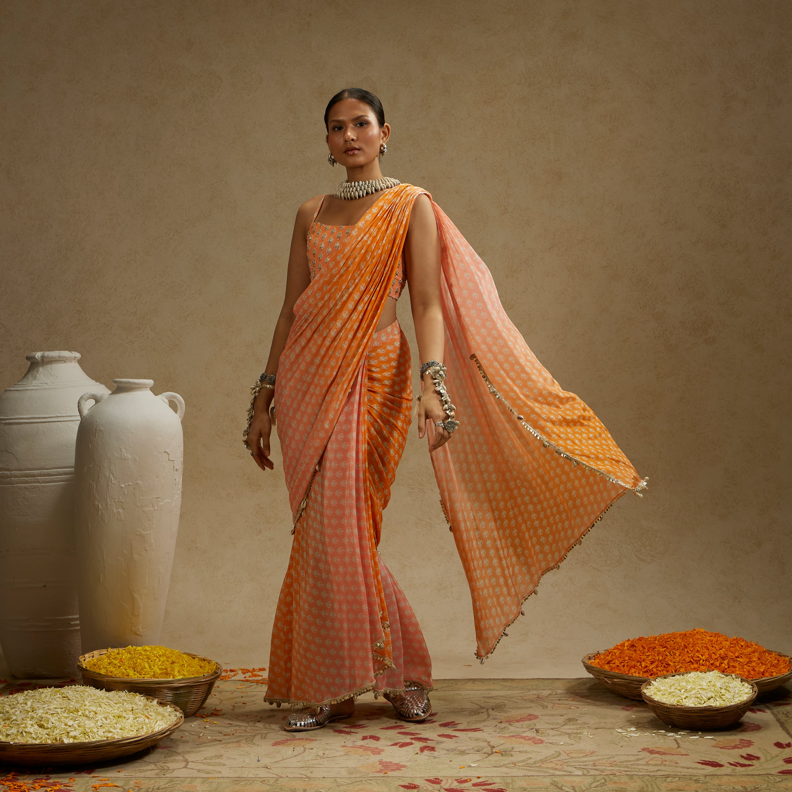 Orange Chanderi Saree Set