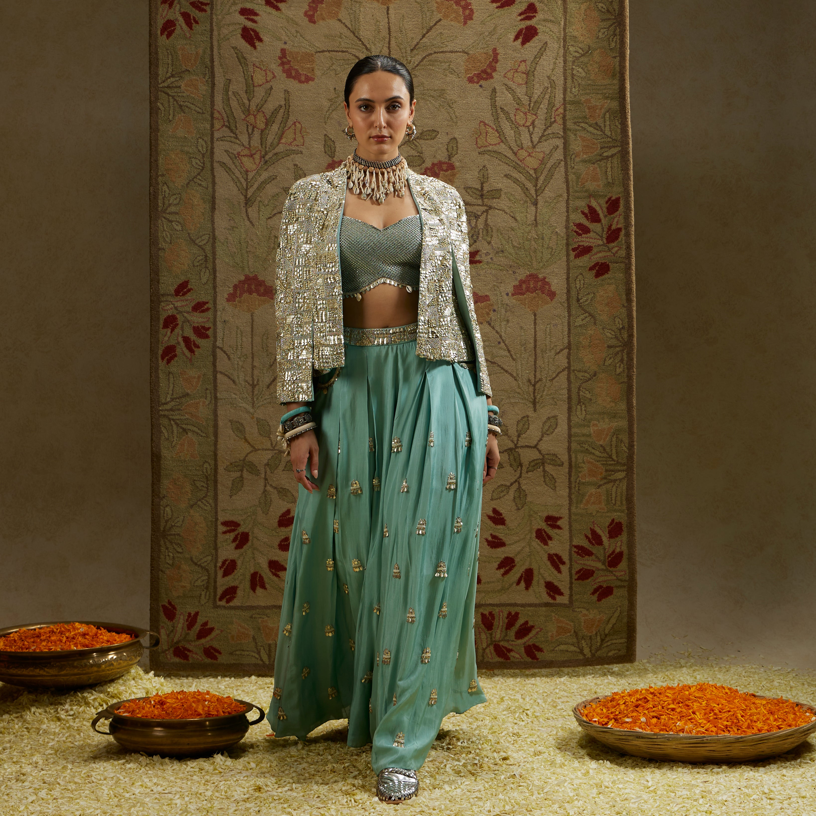 Ivory Pleated Pants With Jacket Bustier