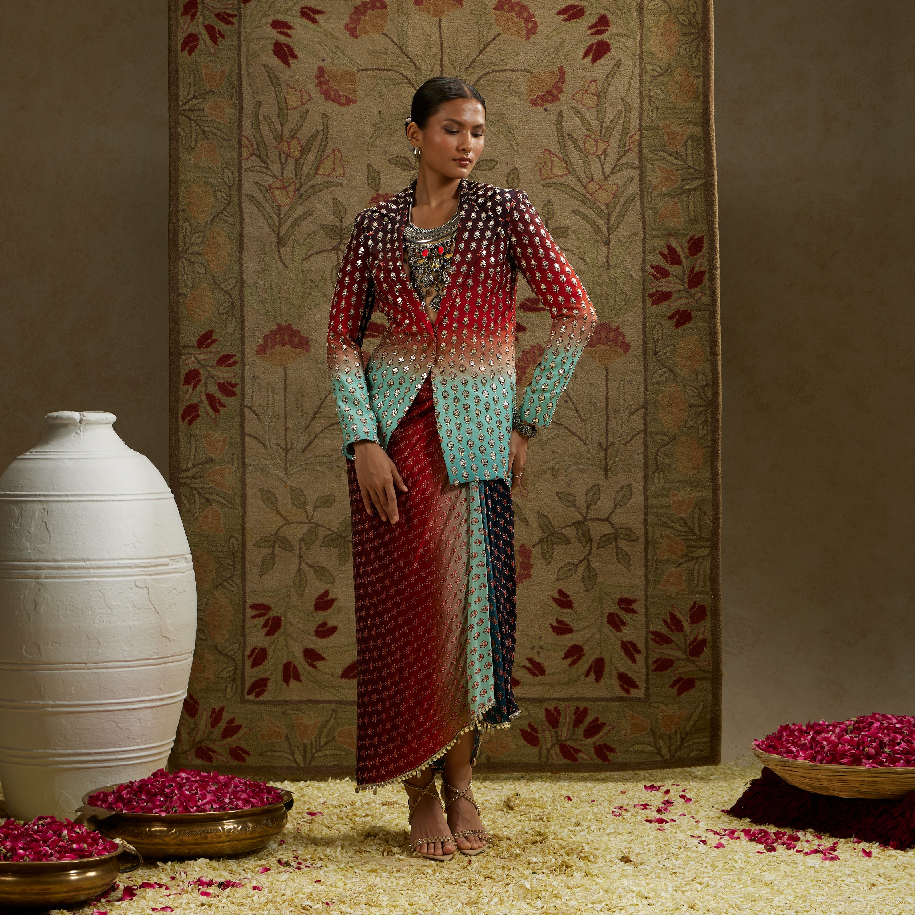 Red Blue Drape Skirt With Blazer