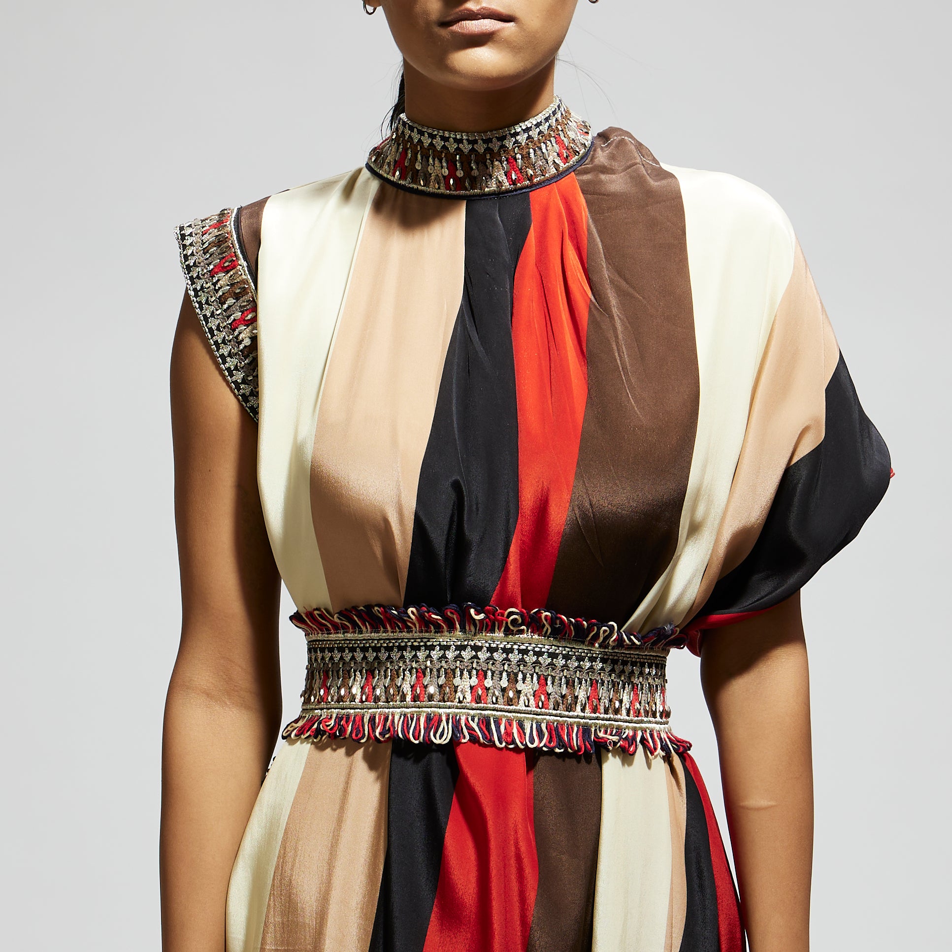 SAMSARA STRIPE PRINT COWL DRESS TEAMED WITH A BELT