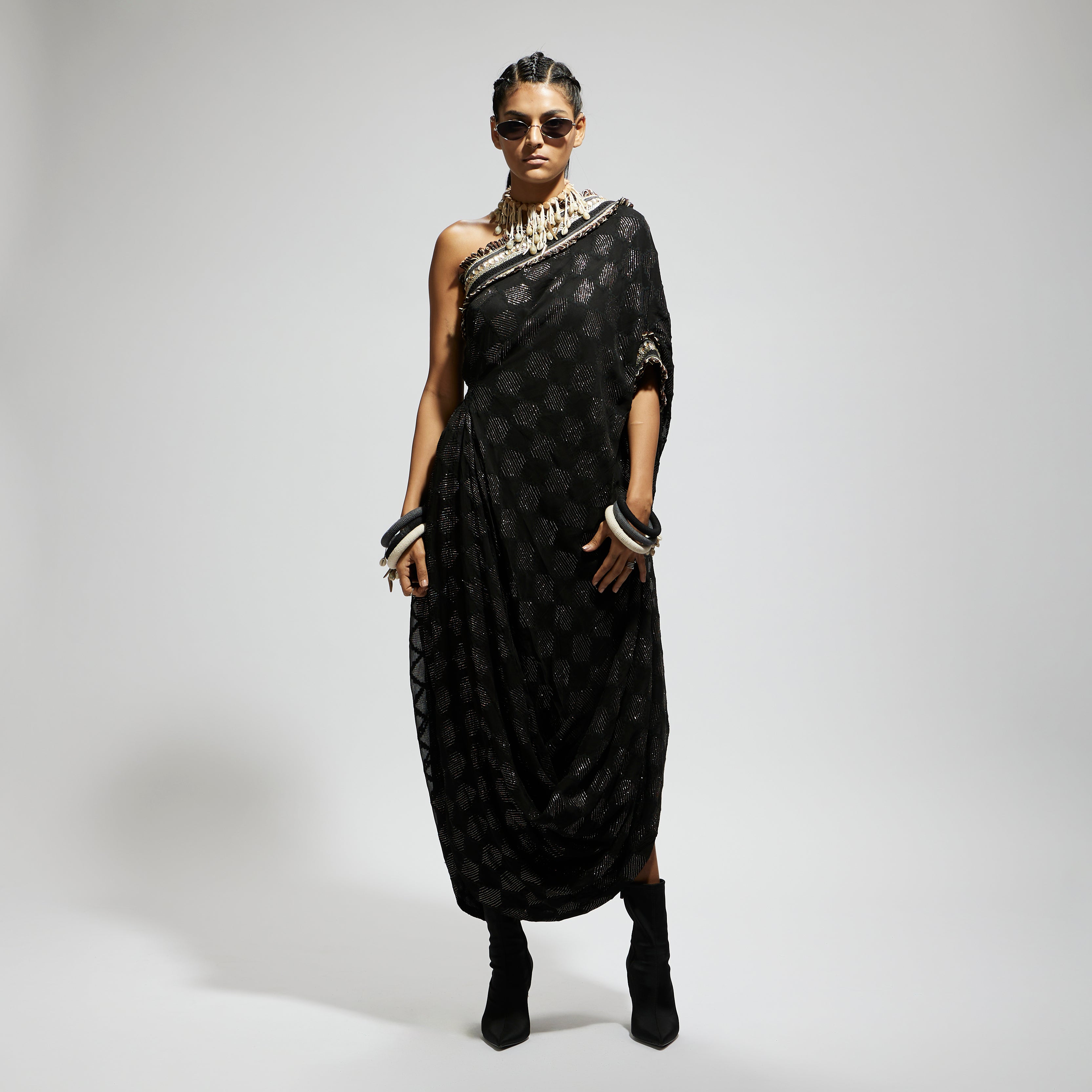 BLACK AZTEC ONE SHOULDER COWL DRESS WITH CUFF