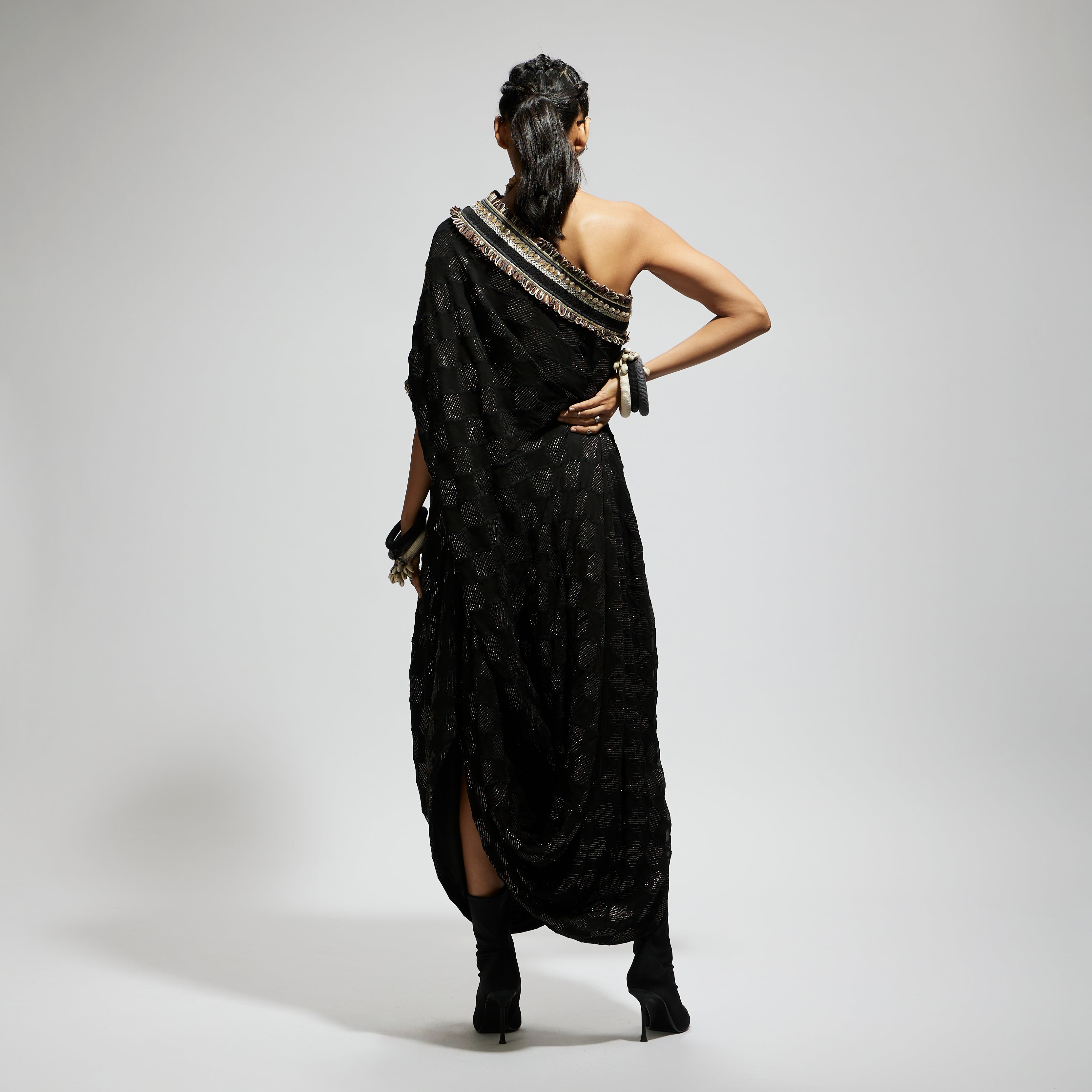 BLACK AZTEC ONE SHOULDER COWL DRESS WITH CUFF