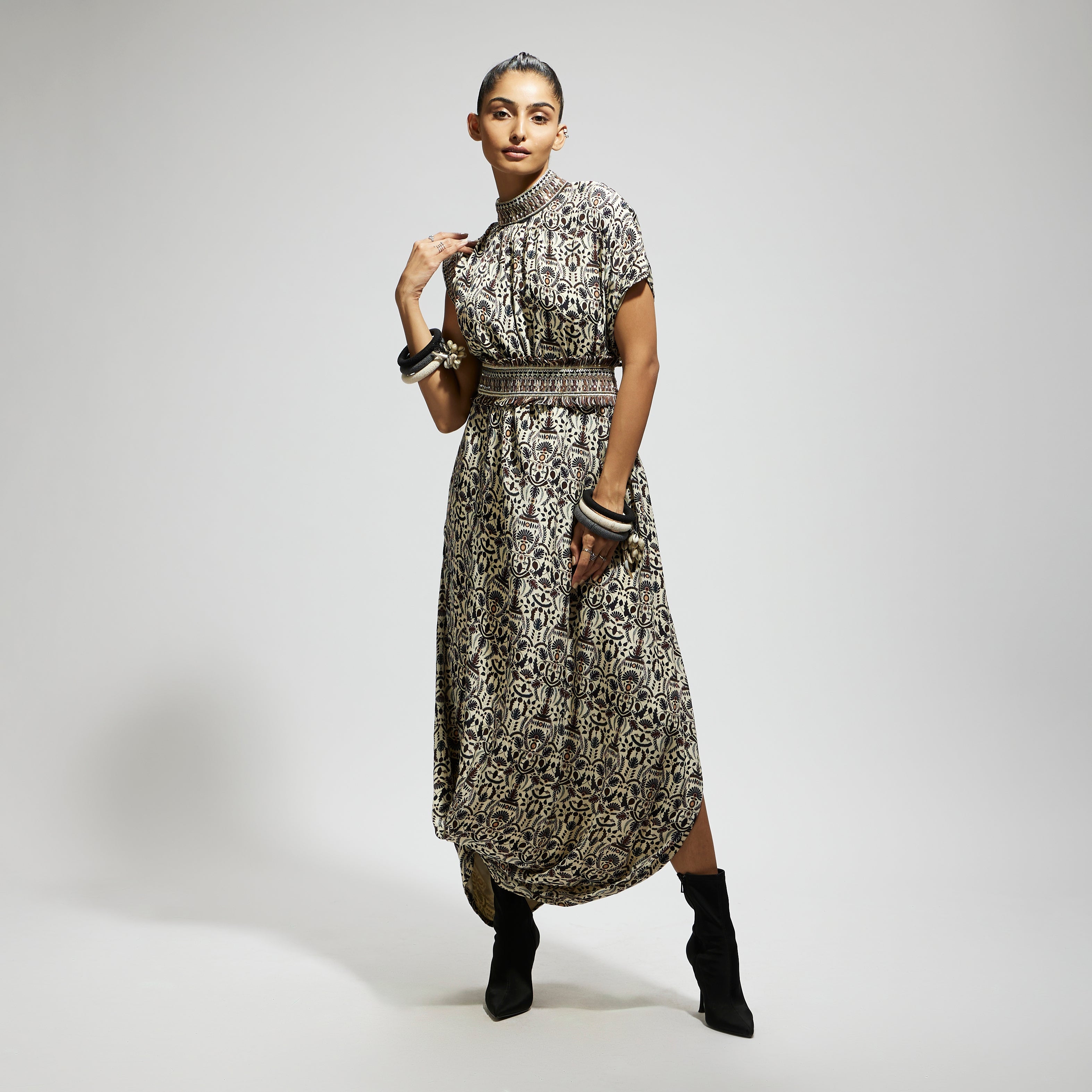 WHITE LEAF JAAL PRINTED COWL DRESS TEAMED WITH A BELT