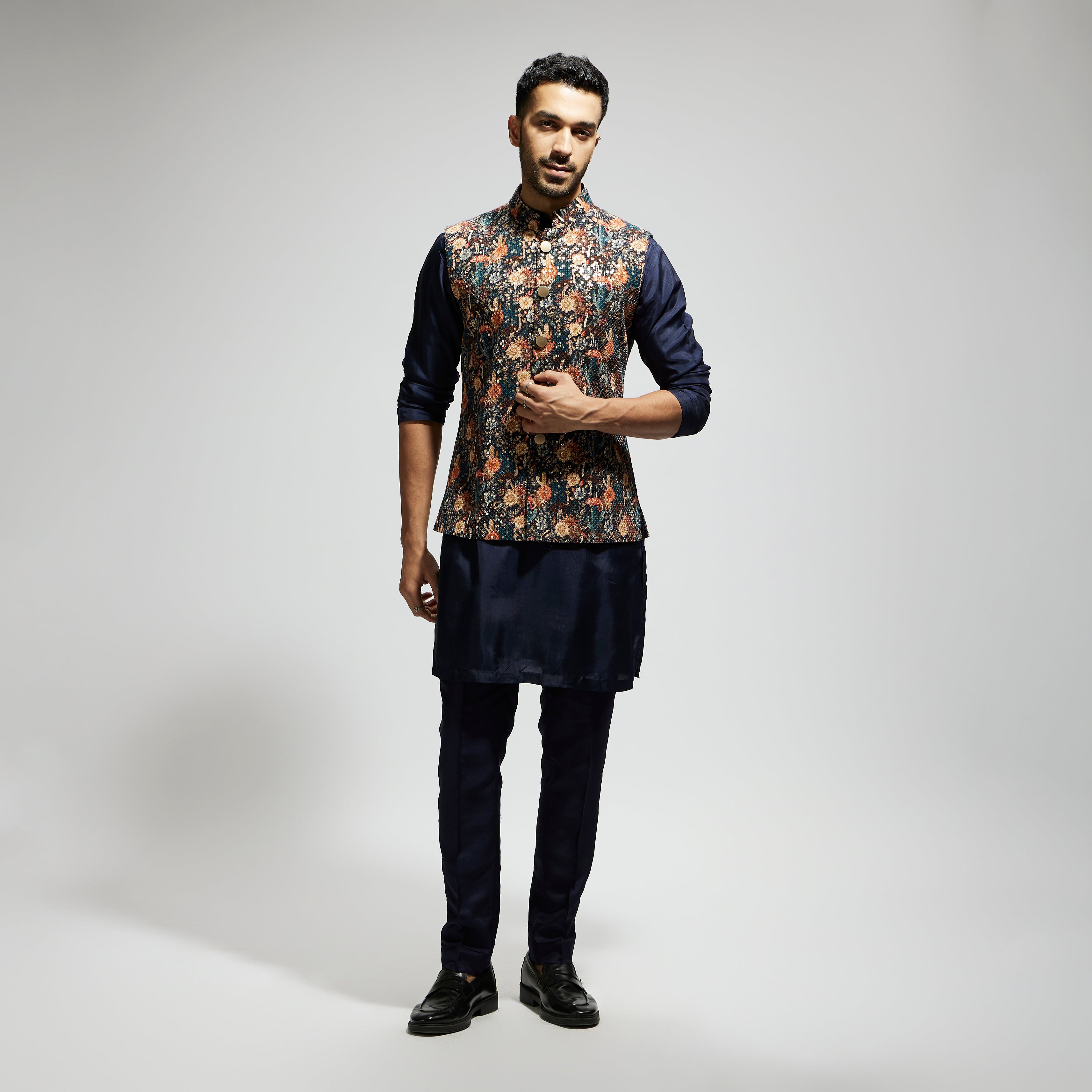 BLUE JAAL EMBELLISHED BUNDI PAIRED WITH SOLID BLUE KURTA AND PANTS