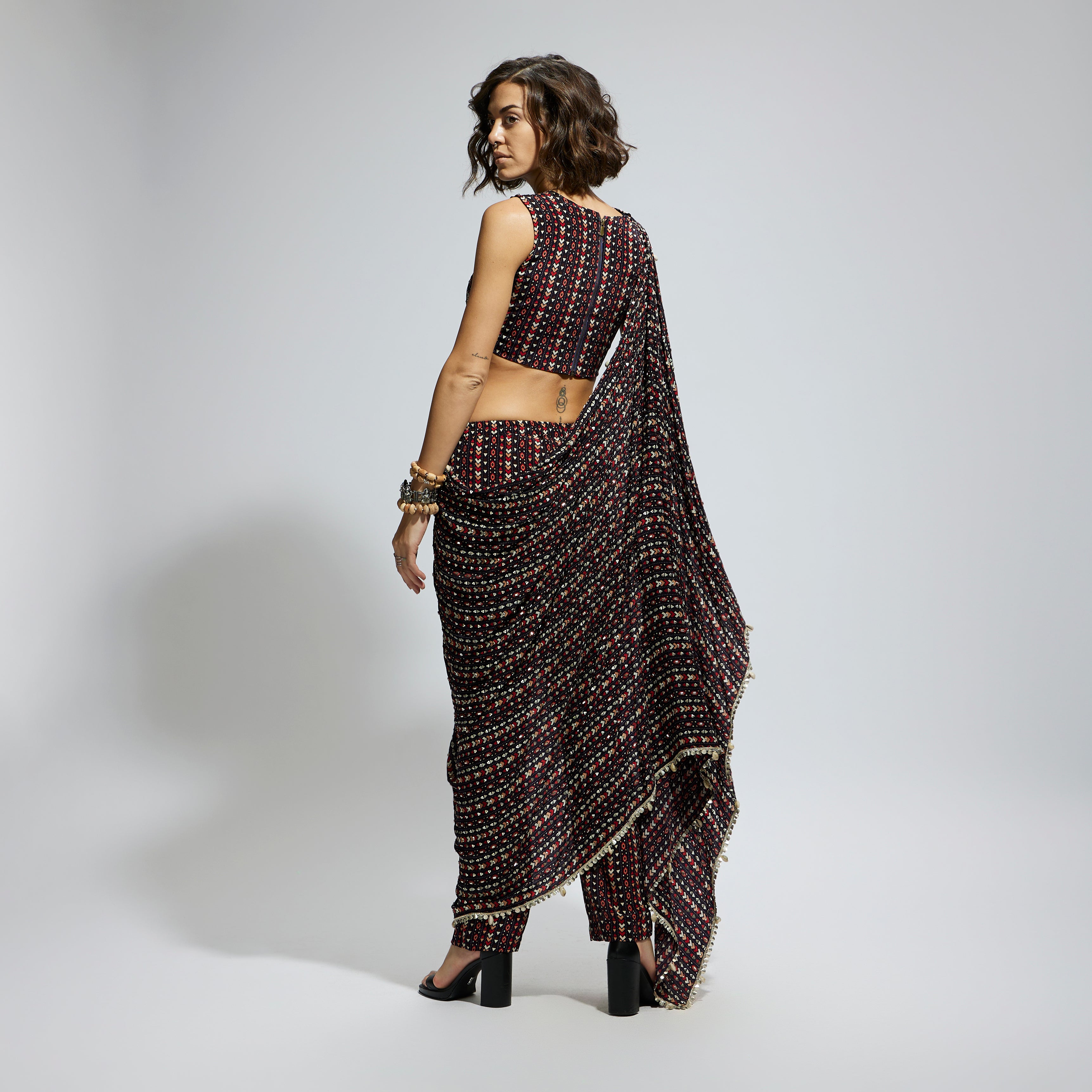 BLUE BOHO PRINT EMBELLISHED CROPTOP ATTACHED DRAPE WITH PANTS