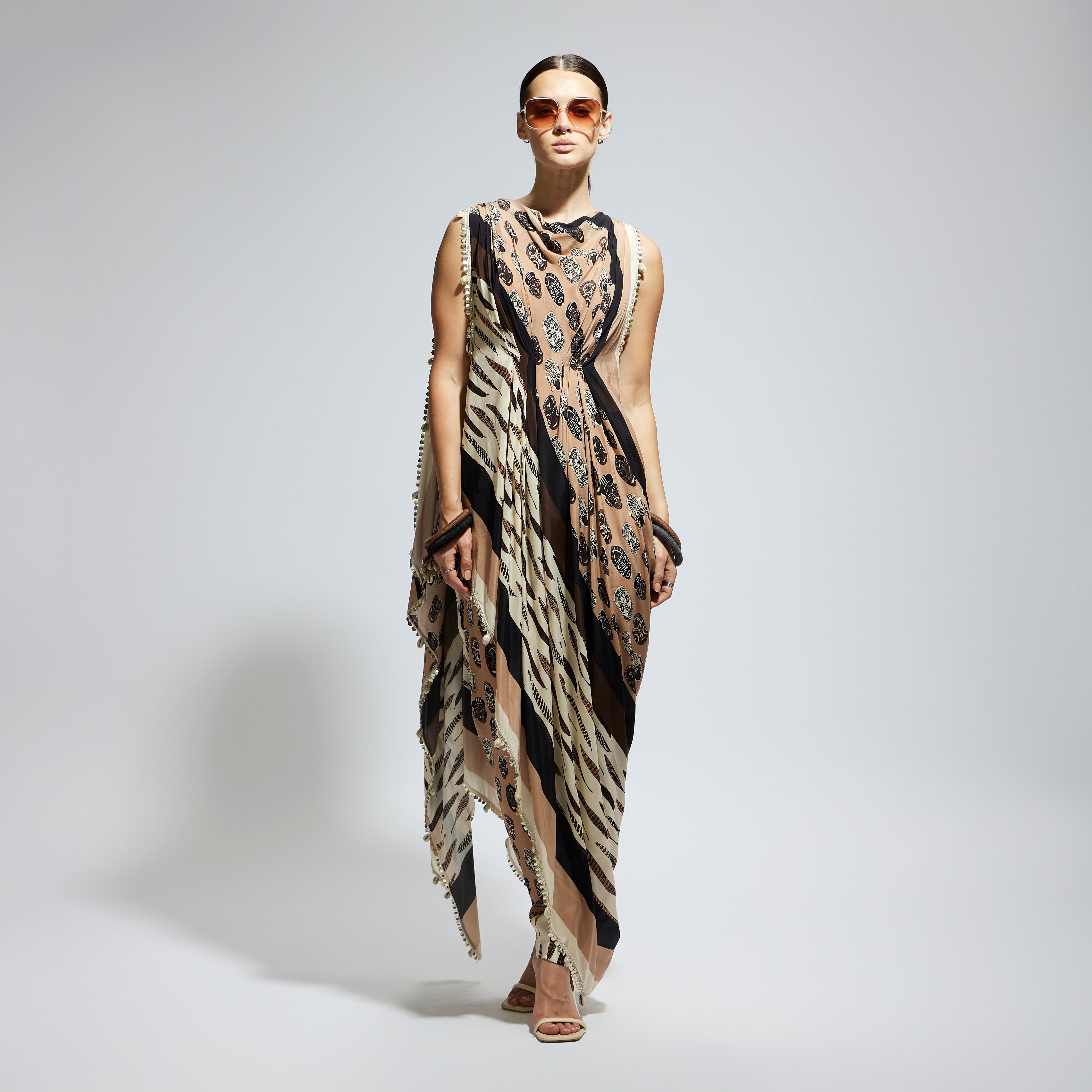 MASK AND FEATHER PRINT CROP TOP WITH ATTACHED DRAPE WITH PANTS