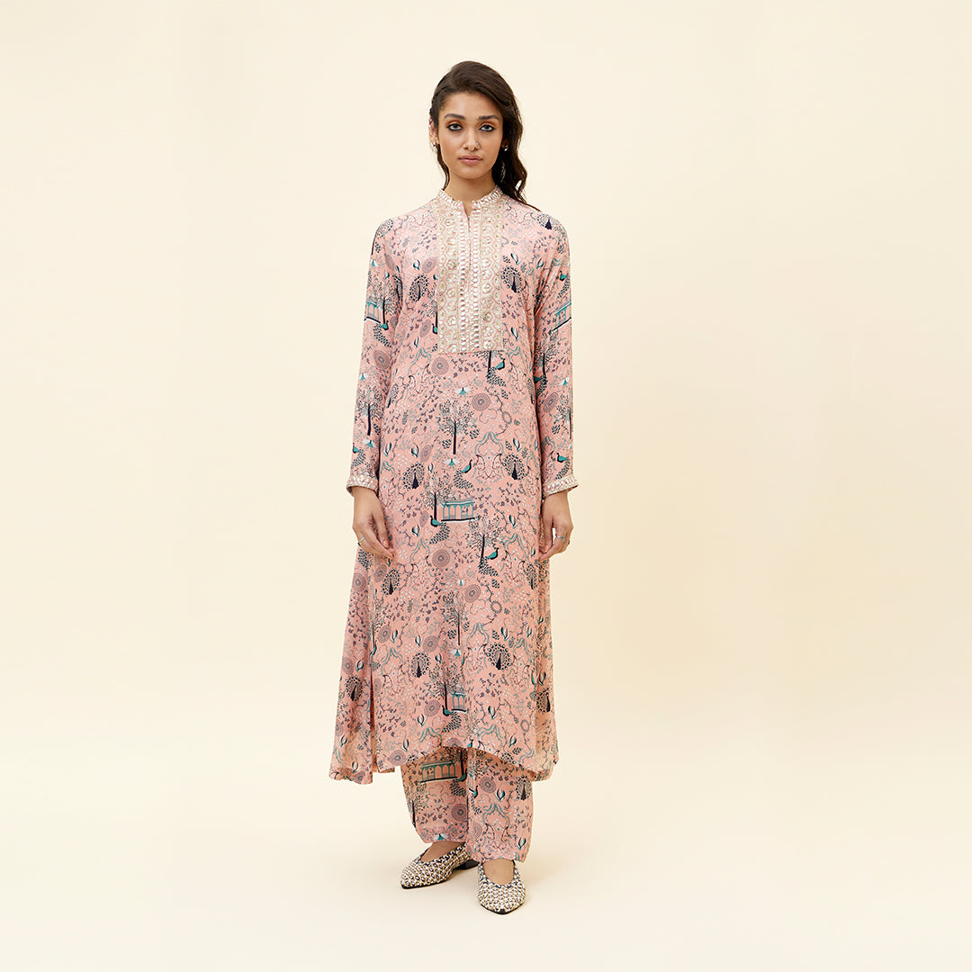 PINK MOR JAAL PRINT KURTA WITH EMB YOKE AND PANTS