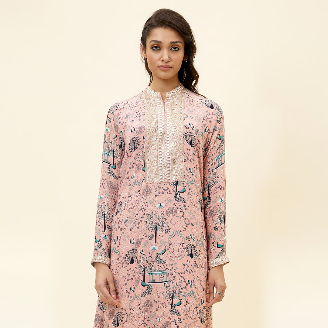 PINK MOR JAAL PRINT KURTA WITH EMB YOKE AND PANTS