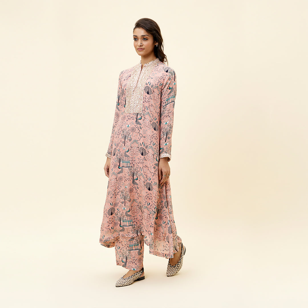 PINK MOR JAAL PRINT KURTA WITH EMB YOKE AND PANTS