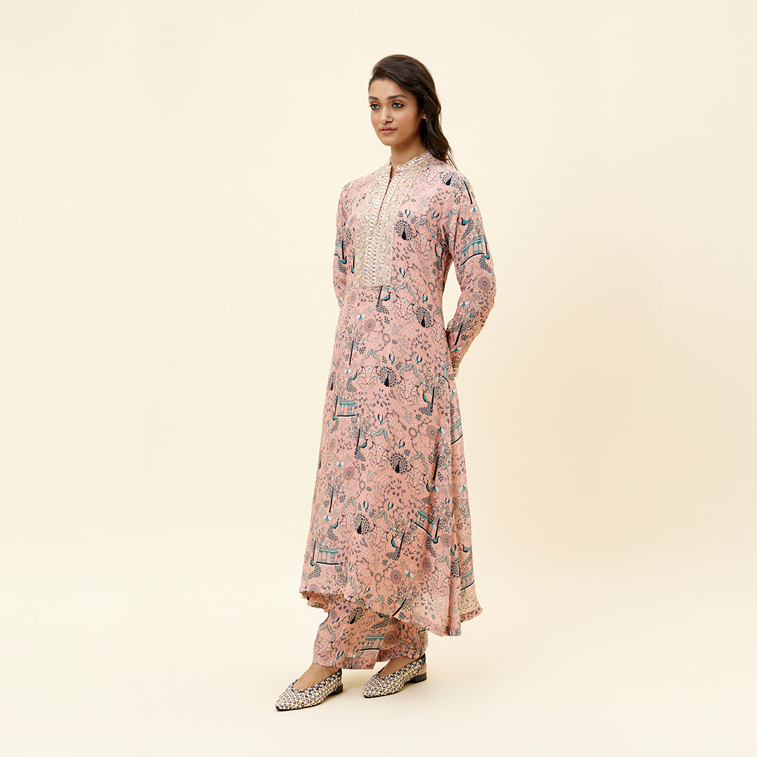 PINK MOR JAAL PRINT KURTA WITH EMB YOKE AND PANTS