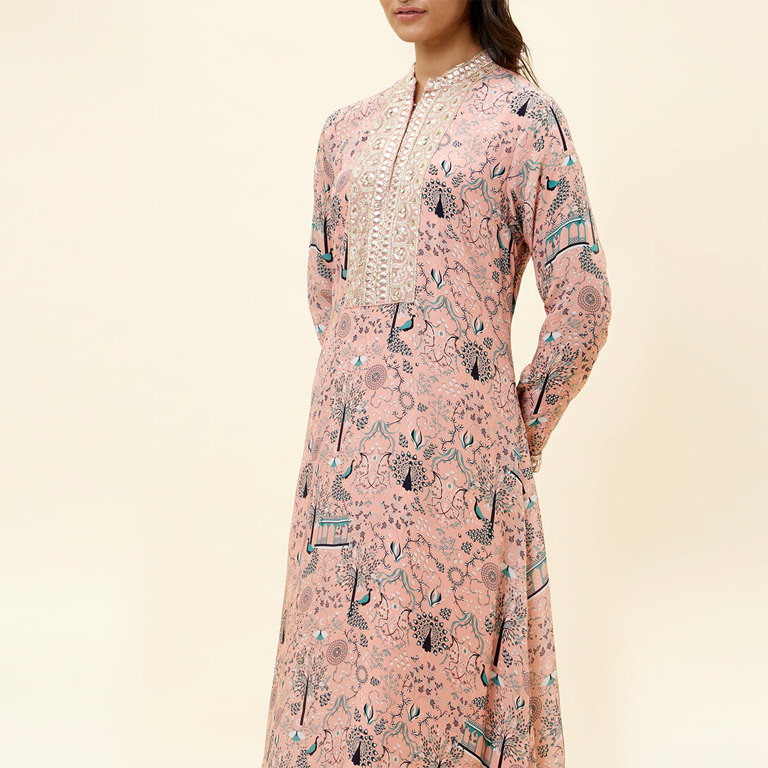 PINK MOR JAAL PRINT KURTA WITH EMB YOKE AND PANTS