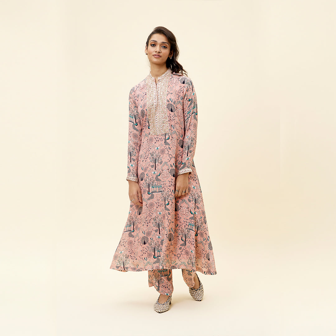 PINK MOR JAAL PRINT KURTA WITH EMB YOKE AND PANTS