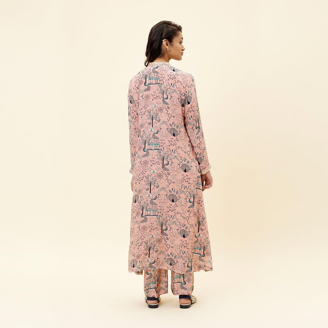 PINK MOR JAAL PRINT KURTA WITH EMB YOKE AND PANTS