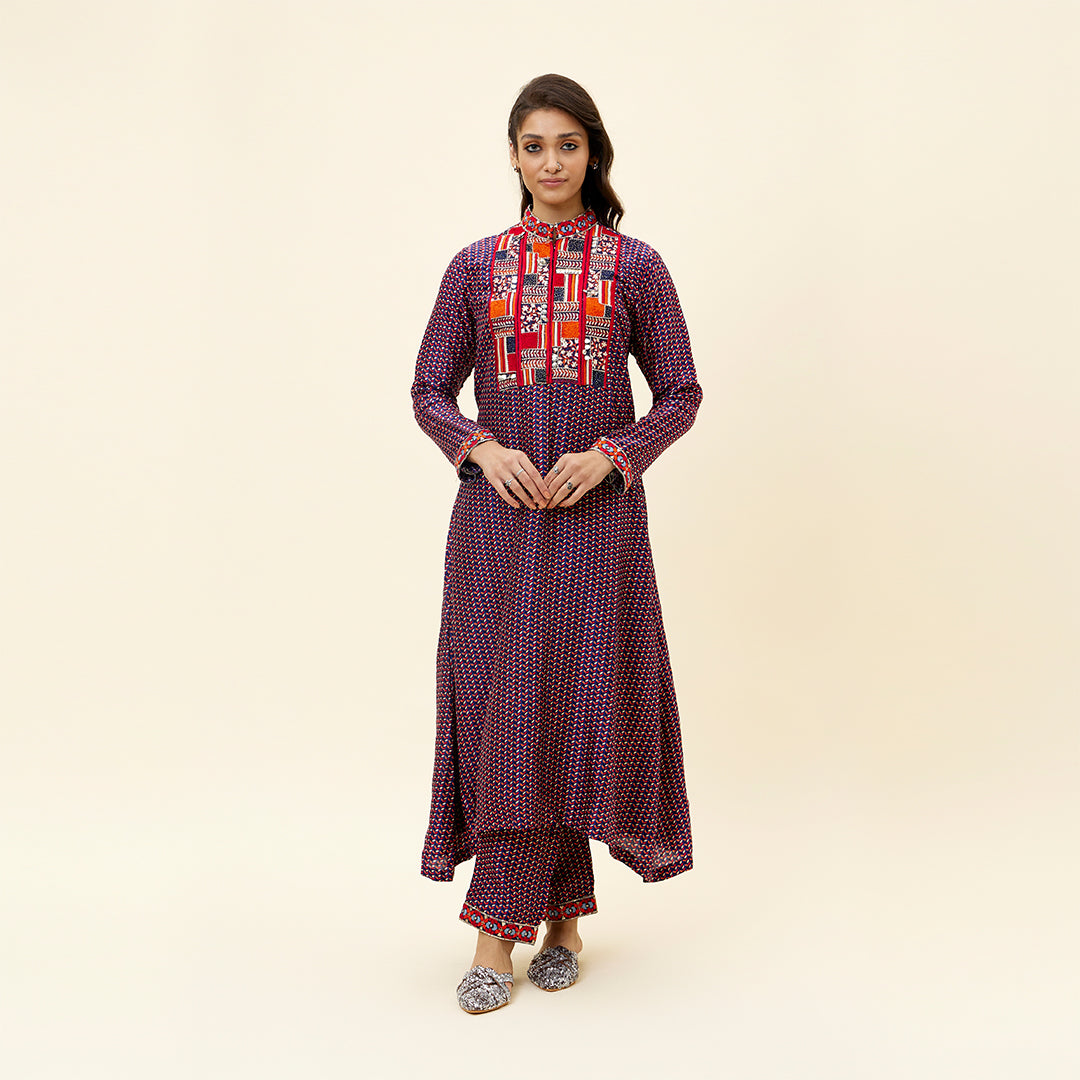 BLUE LEAF PRINT KURTA TUNIC WITH EMB YOKE AND PANTS