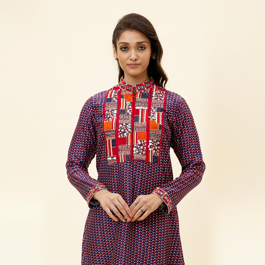 BLUE LEAF PRINT KURTA TUNIC WITH EMB YOKE AND PANTS