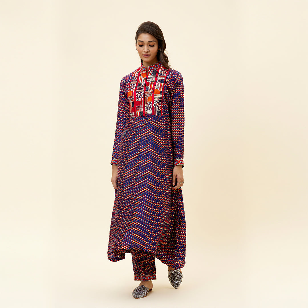 BLUE LEAF PRINT KURTA TUNIC WITH EMB YOKE AND PANTS