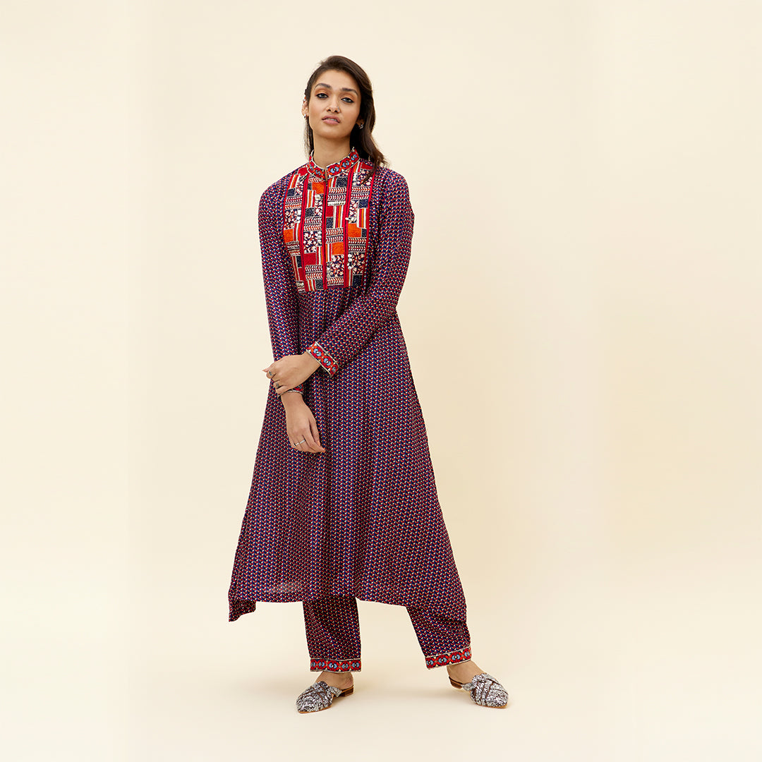 BLUE LEAF PRINT KURTA TUNIC WITH EMB YOKE AND PANTS