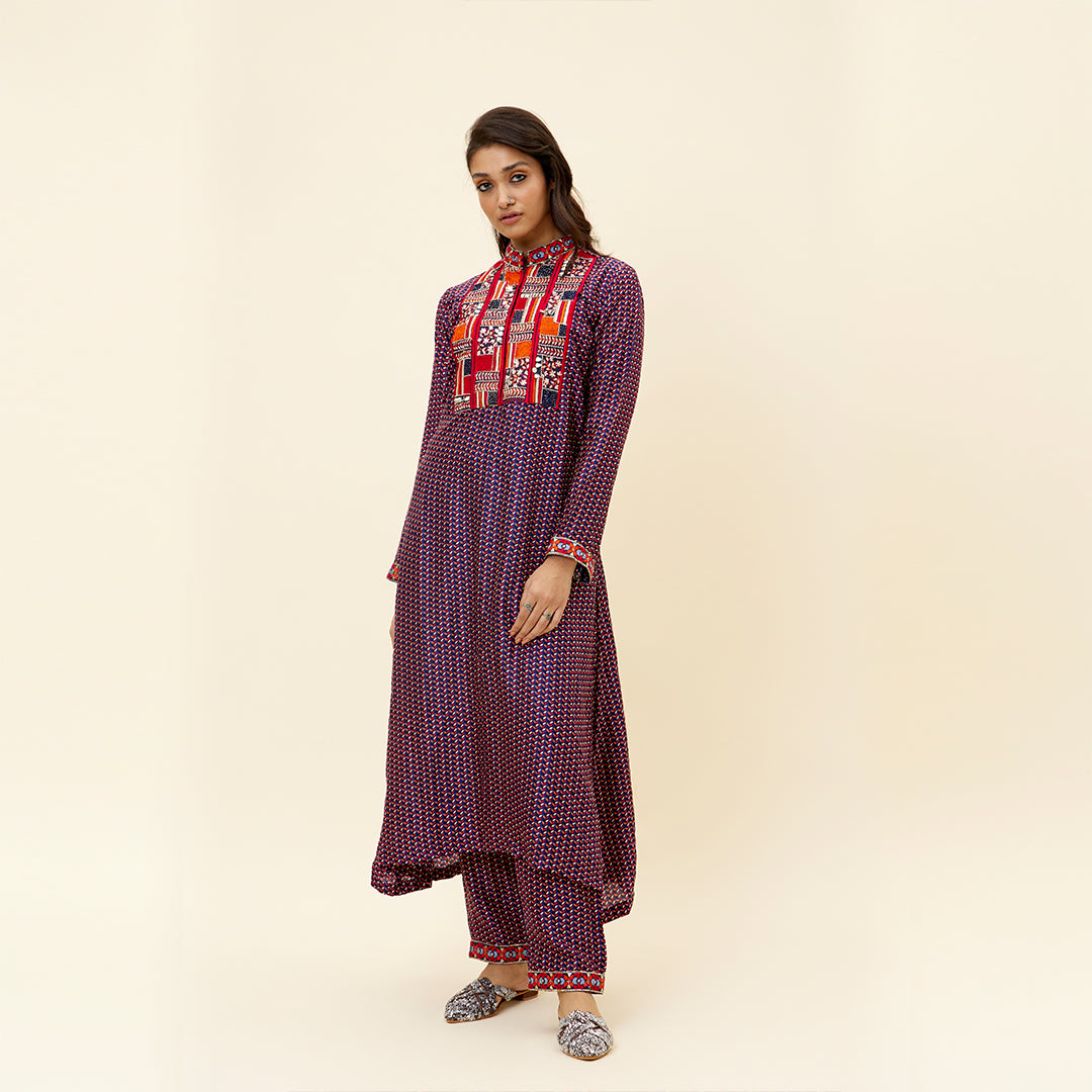 BLUE LEAF PRINT KURTA TUNIC WITH EMB YOKE AND PANTS
