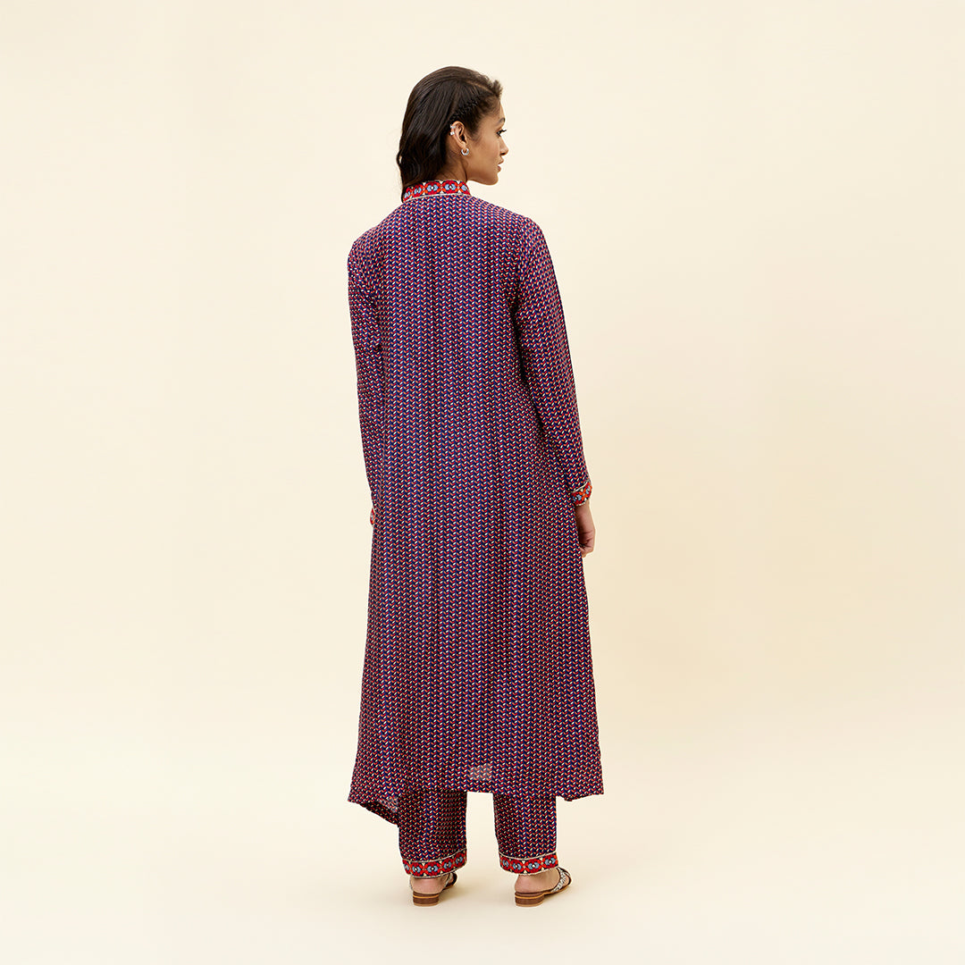BLUE LEAF PRINT KURTA TUNIC WITH EMB YOKE AND PANTS