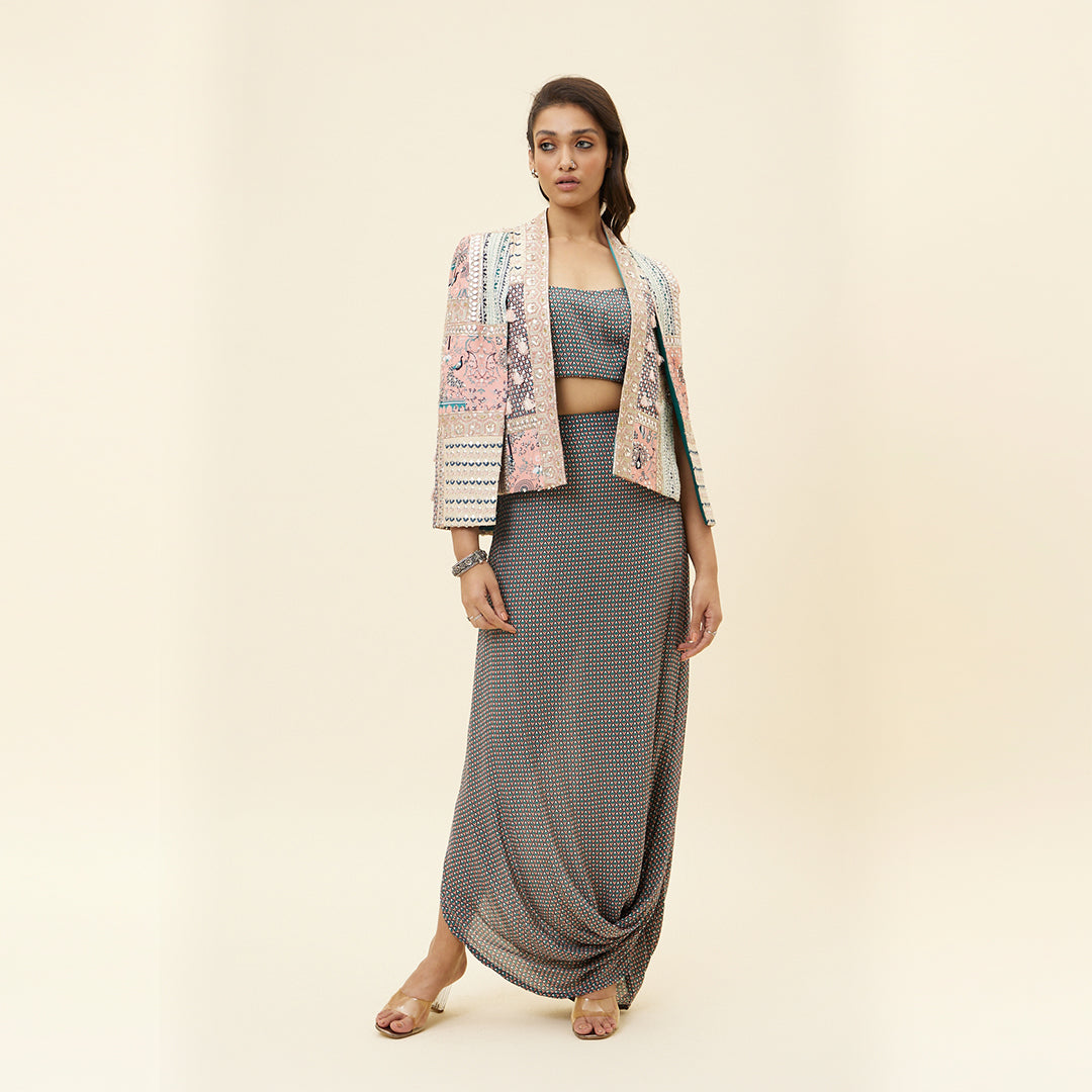 PINK MOR JAAL BUTTI PRINT DRAPE SKIRT WITH BUSTIER AND PATCHWORK NOOR CAPE JACKET