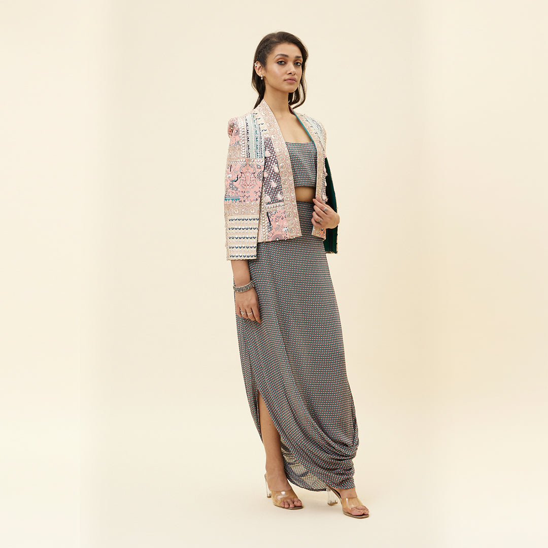 PINK MOR JAAL BUTTI PRINT DRAPE SKIRT WITH BUSTIER AND PATCHWORK NOOR CAPE JACKET