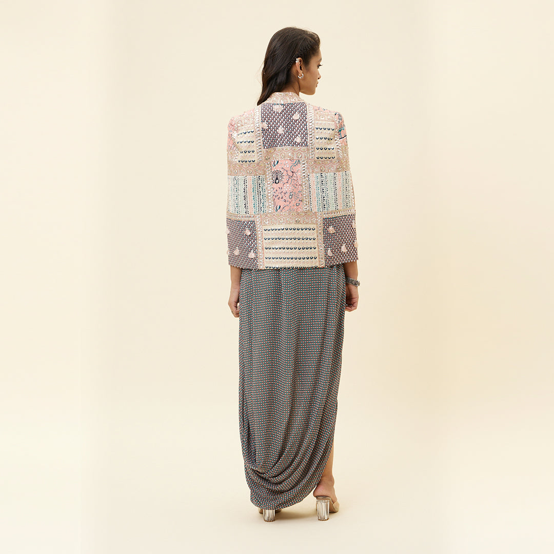 PINK MOR JAAL BUTTI PRINT DRAPE SKIRT WITH BUSTIER AND PATCHWORK NOOR CAPE JACKET
