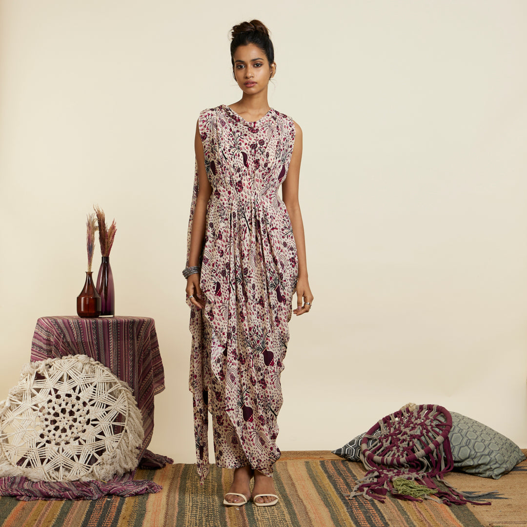 SAFAR MERLOT JAAL PRINT CROP TOP WITH ATTACHED DRAPE WITH PANTS