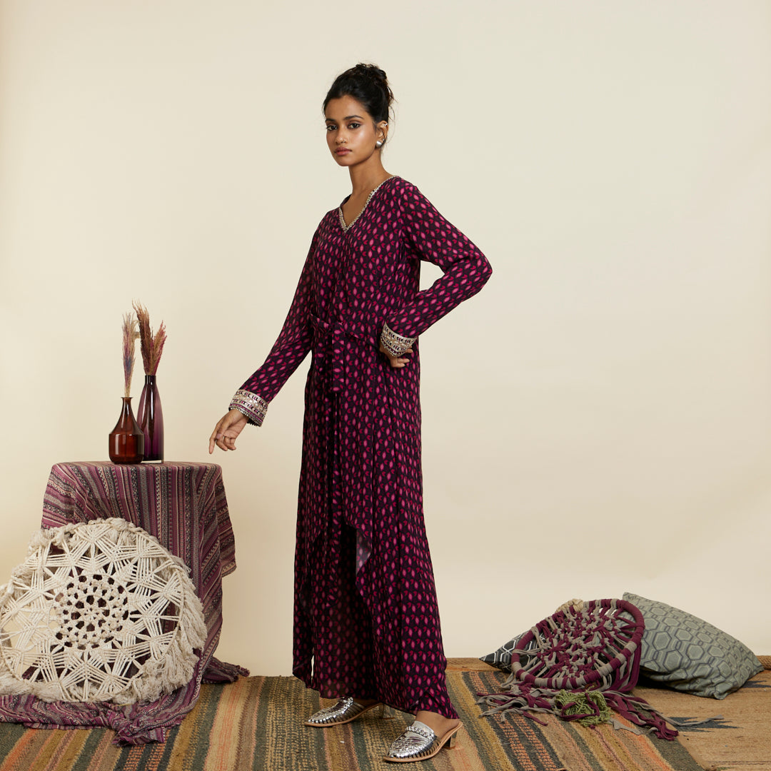 WINE GEOMETRIC PRINT FRONT TIE UP TUNIC SET
