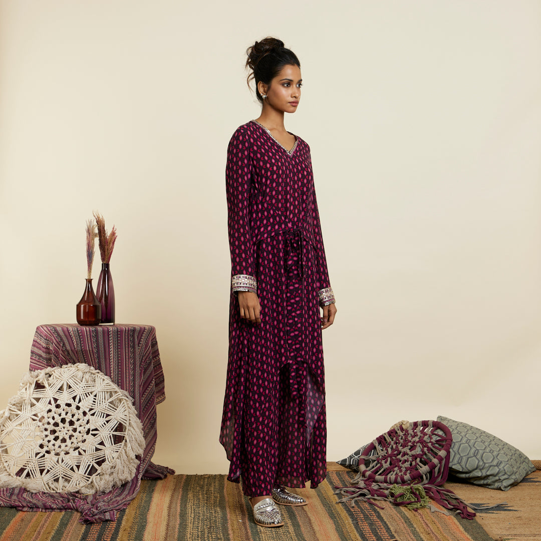 WINE GEOMETRIC PRINT FRONT TIE UP TUNIC SET
