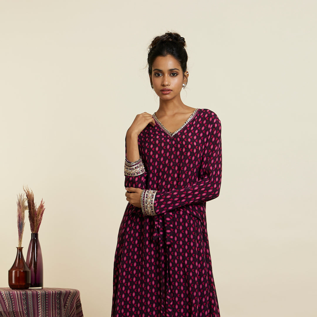 WINE GEOMETRIC PRINT FRONT TIE UP TUNIC SET