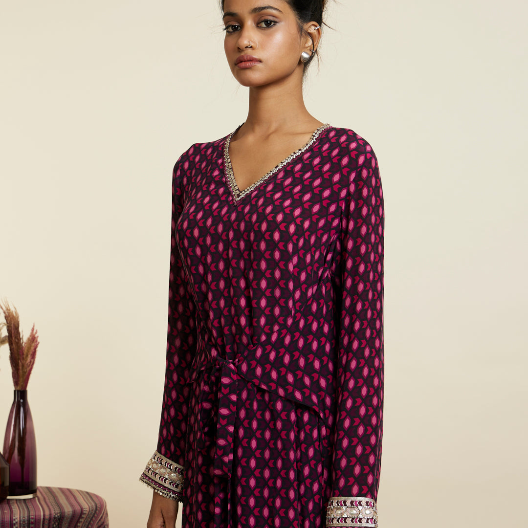 WINE GEOMETRIC PRINT FRONT TIE UP TUNIC SET