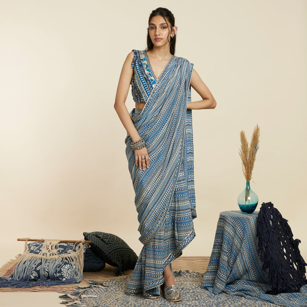 BLUE BOHO STRIPE CASCADE SAREE SET