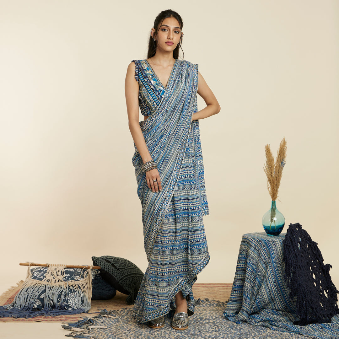 BLUE BOHO STRIPE CASCADE SAREE SET