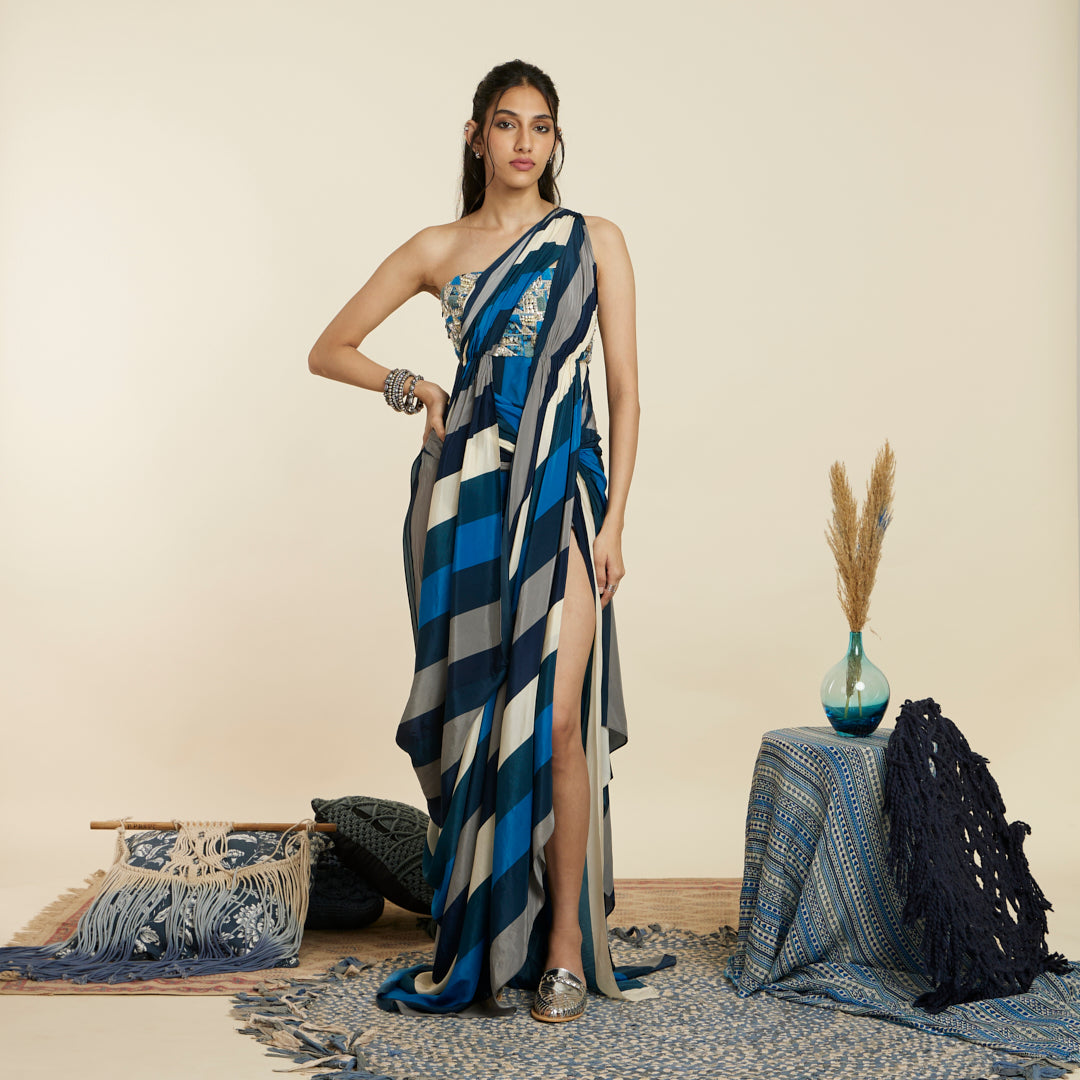 BLUE STRIPE HIGH SLIT DRAPED SAREE GOWN