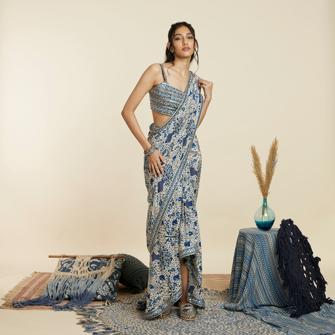 SAFAR BLUE JAAL PRINT CASCADE SAREE