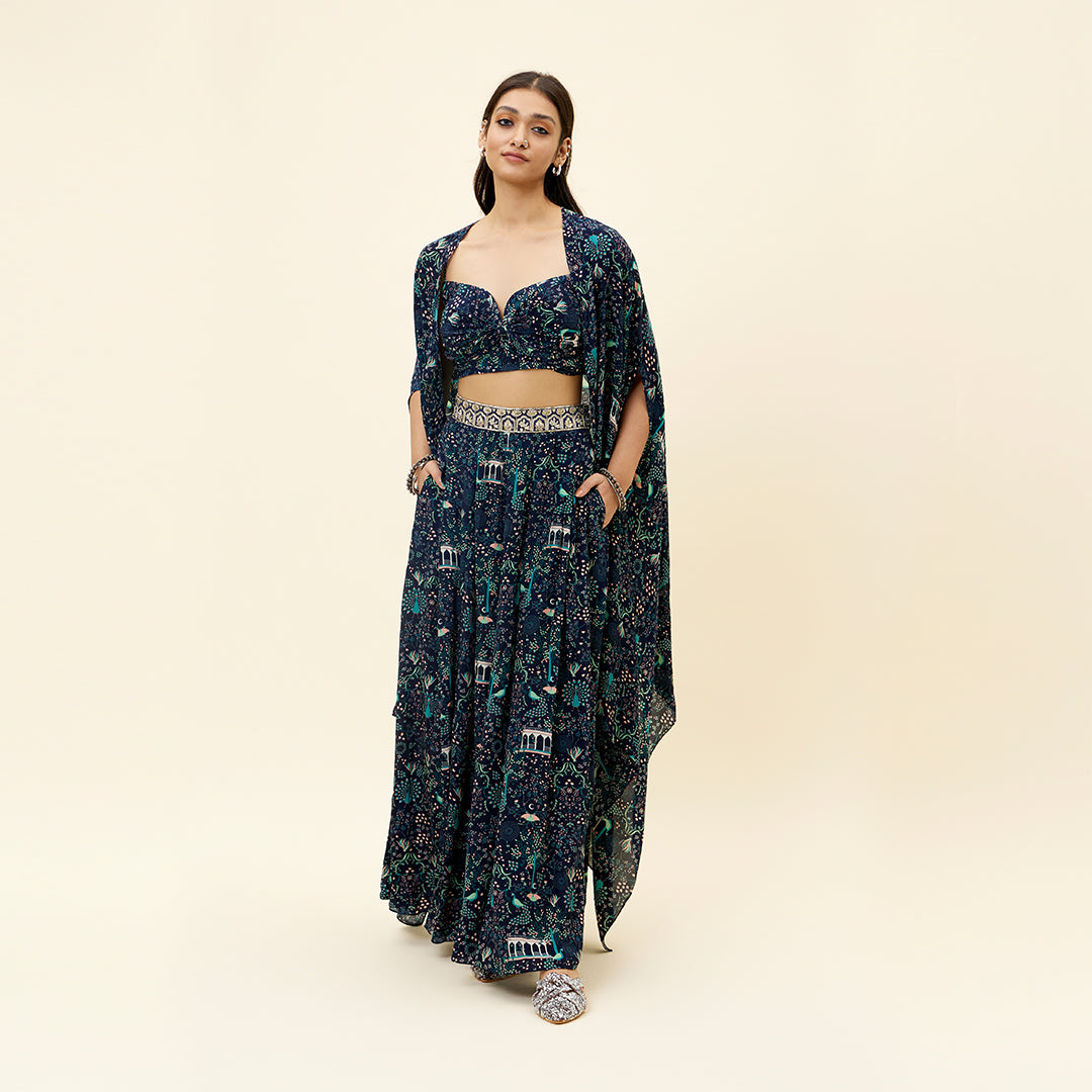 BLUE MOR JAAL PRINT BOX PLEATED PANTS WITH BIKINI BUSTIER AND CAPE