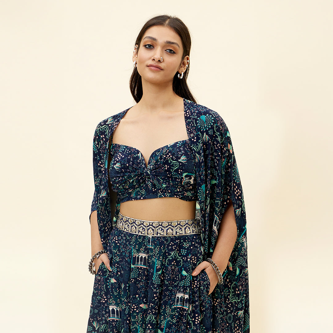 BLUE MOR JAAL PRINT BOX PLEATED PANTS WITH BIKINI BUSTIER AND CAPE