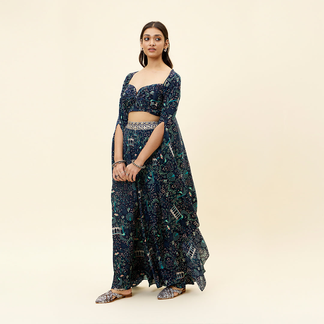 BLUE MOR JAAL PRINT BOX PLEATED PANTS WITH BIKINI BUSTIER AND CAPE