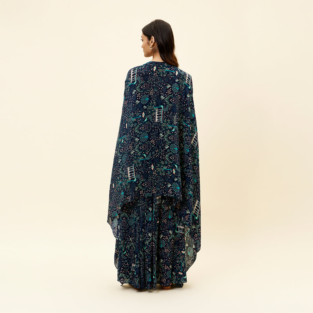 BLUE MOR JAAL PRINT BOX PLEATED PANTS WITH BIKINI BUSTIER AND CAPE