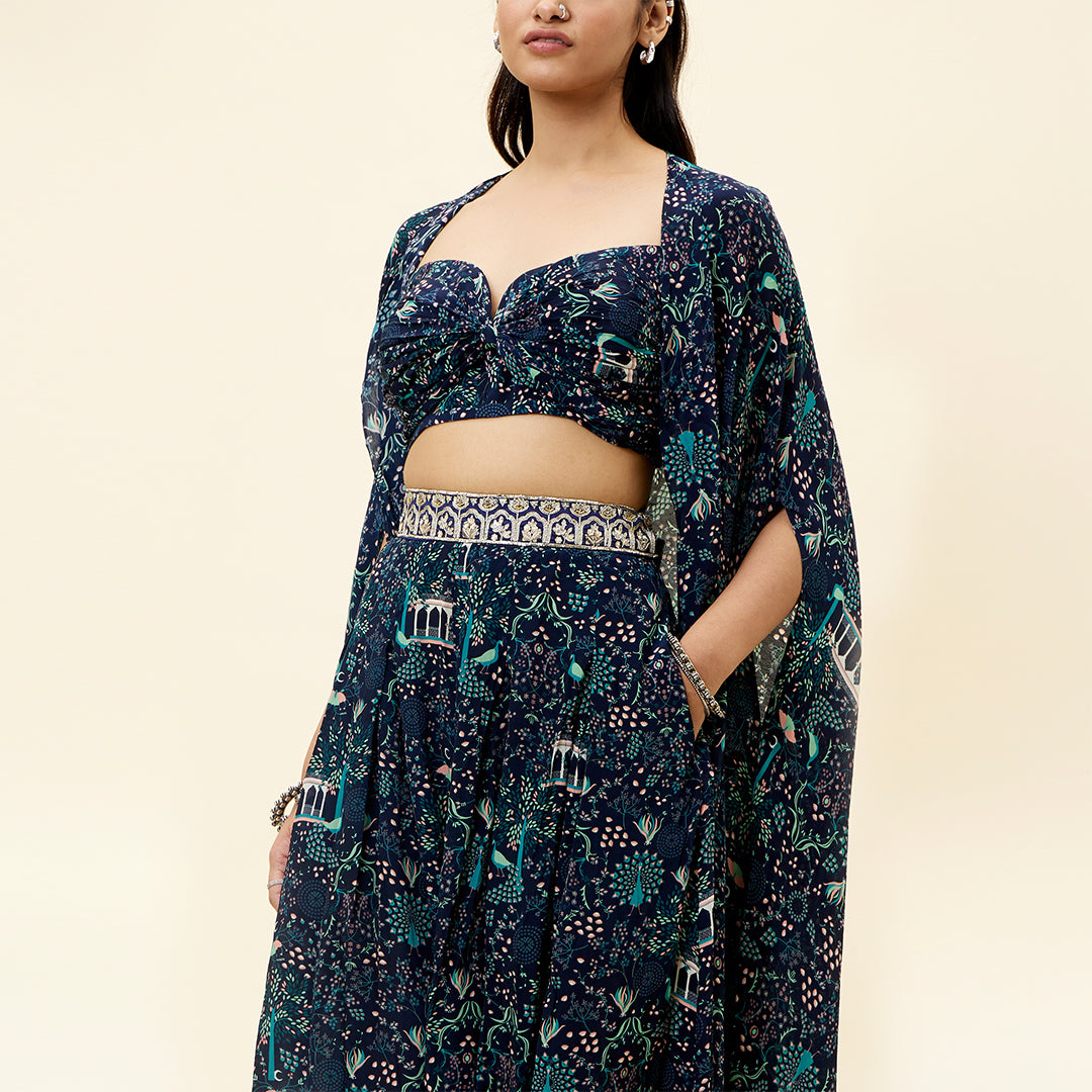 BLUE MOR JAAL PRINT BOX PLEATED PANTS WITH BIKINI BUSTIER AND CAPE