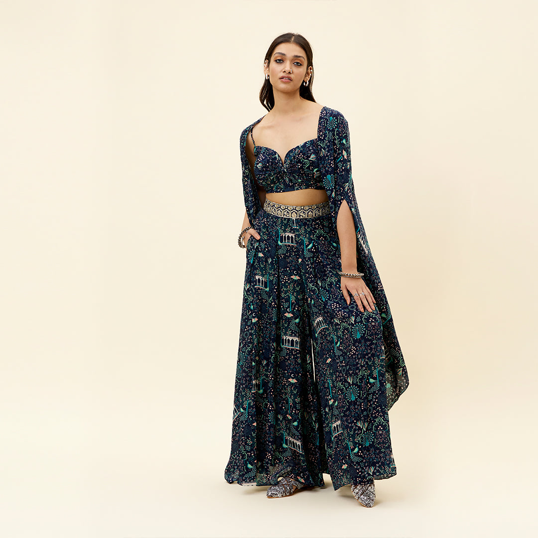 BLUE MOR JAAL PRINT BOX PLEATED PANTS WITH BIKINI BUSTIER AND CAPE