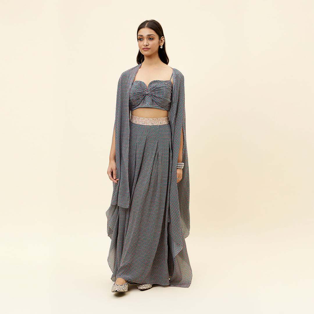 PINK BUTTI PRINT BOX PLEATED PANTS WITH BIKINI BUSTIER AND CAPE