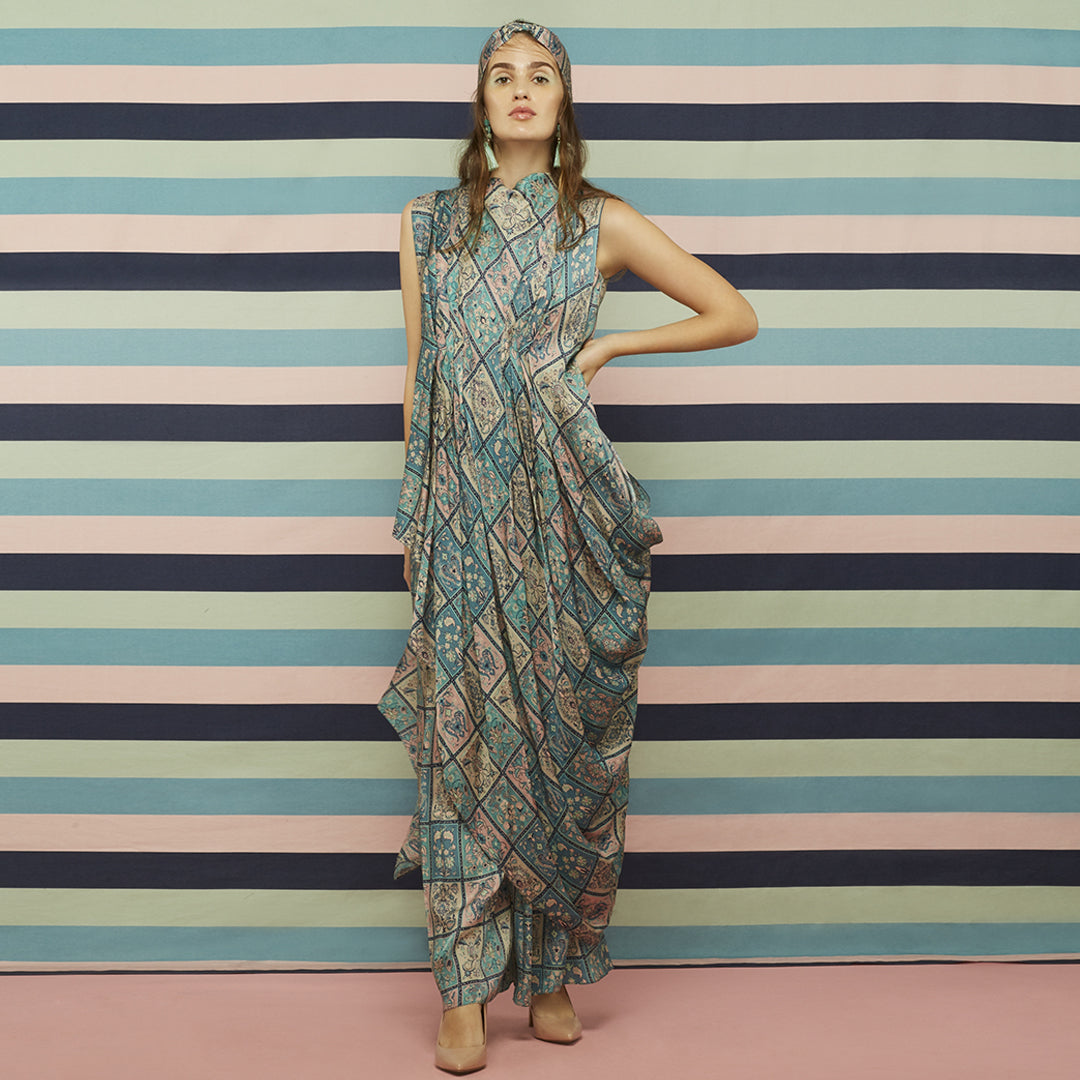 Galeecha patch work print pleated drape top Galeecha patch work print box-pleated palazzo pants