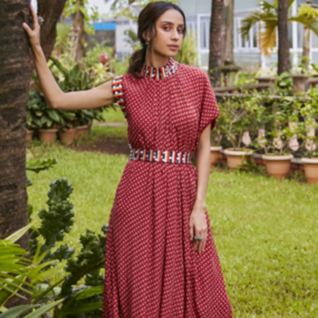 RASA BLUE LEAF PRINT Drape dress with EMB Belt